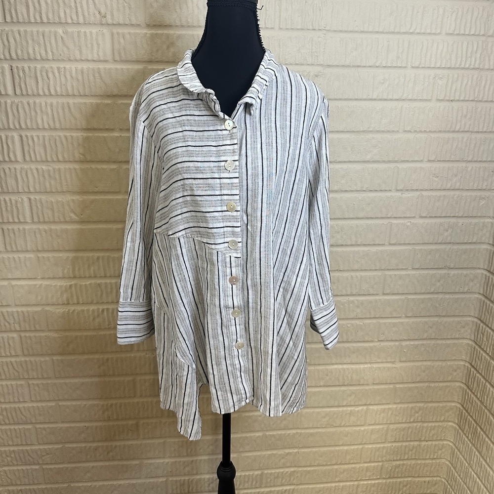 Ali Miles Gray Striped Linen Asymmetric Shirt Top Blouse Sz‎ L Button Down Linen